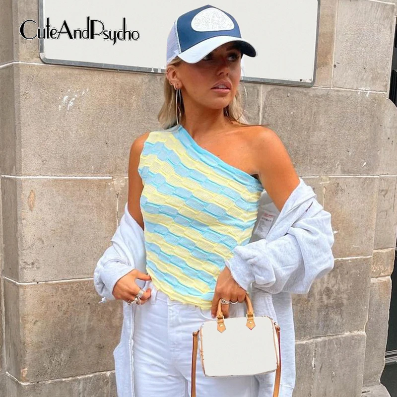 

Contrast Color Striped Print Y2K Knitted Tank Tops Women One-shoulder Off Harajuku Camis Cute Vintage 90s Crop Top Cuteandpsycho