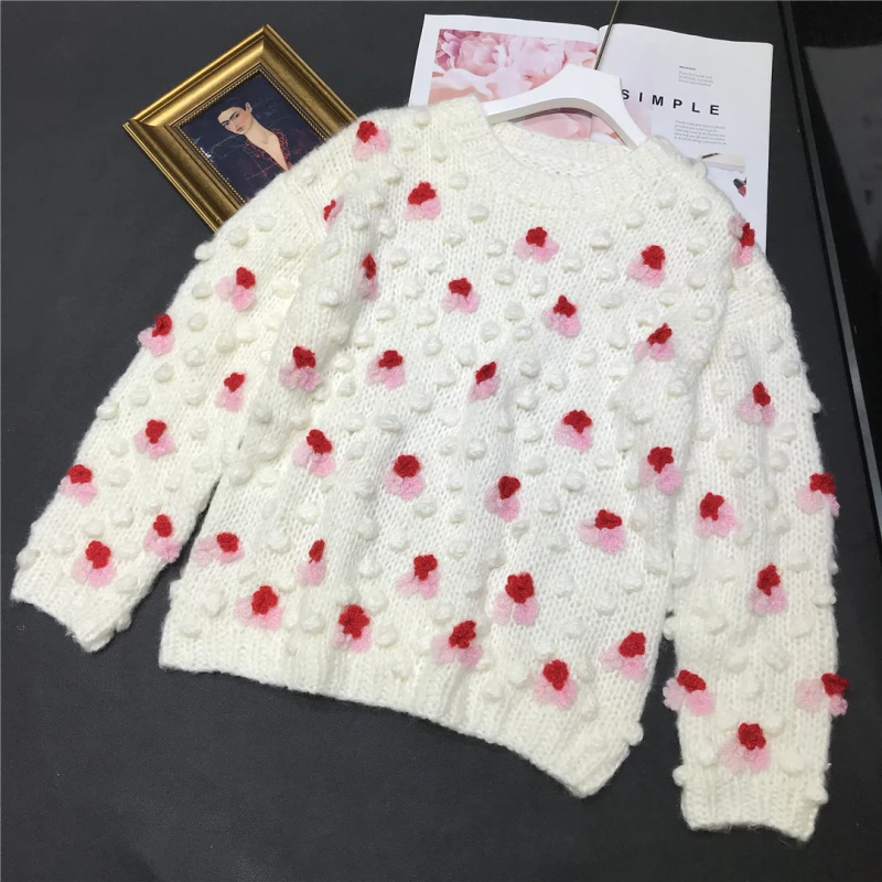 2020 New Fall Winter Loose Sweater Women O-Neck Handmade Woolen Ball Flowers Long Sleeve Casual Pullovers Knitwear Jumper Female | Женская