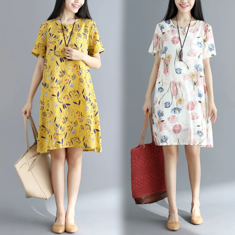 Женское платье-Ципао из 2022 хлопка и льна с коротким рукавом цветочным принтом |