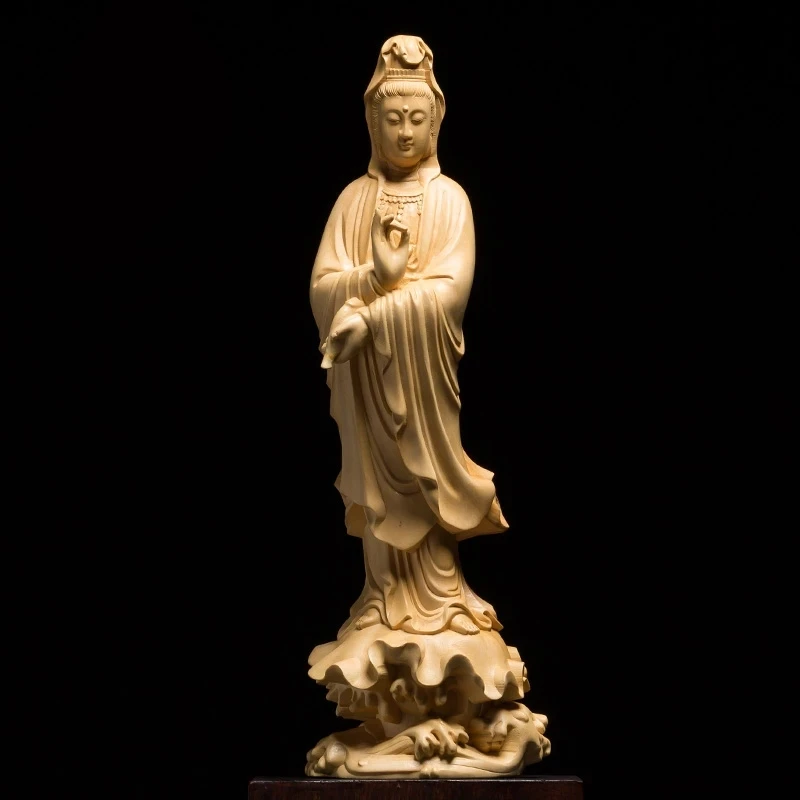 

21/30CM Wood Statue Buddha Guanyin Bodhisattva Home Dedicated Feng Shui Carving Crafts Ornaments Sea Guanyin