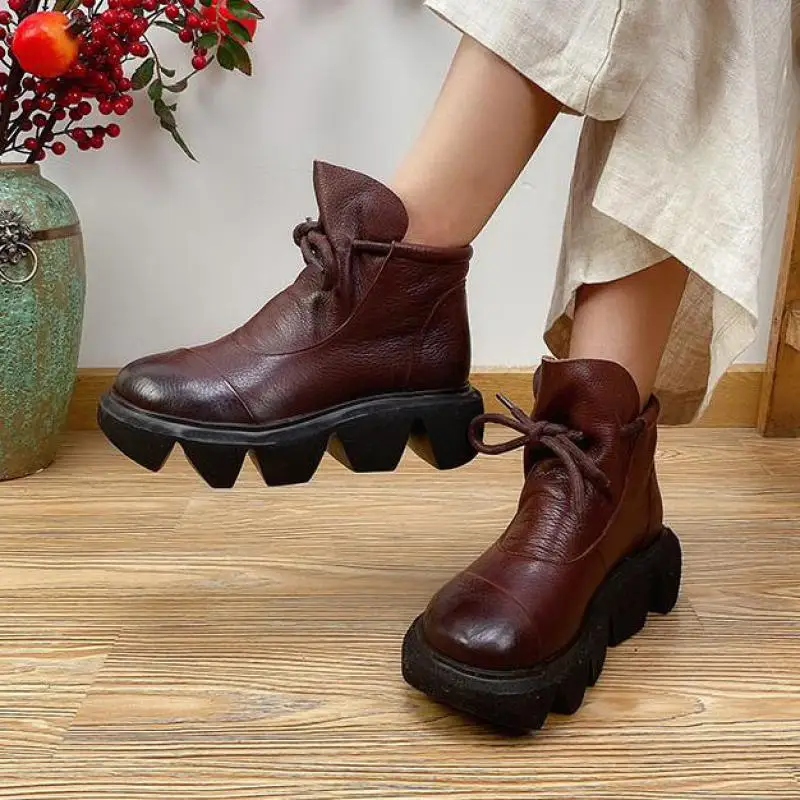 

Winter Warm Shoes Woman Snow Boots 2022 New Plush Genuine Leather Lace-Up Round Toe Handmade Concise Casual Ankle Platform Boots