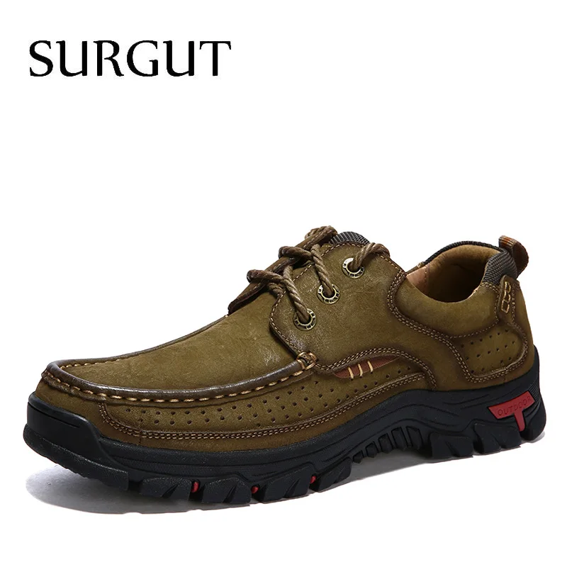 Lace Up Khaki SURGUT, мужские туфли из натуральной кожи, высокое качество, без шнуровки, фирменные, модные, дизайнерские, одноцветные, удобные, мужские, повседневные туфли, большие размеры 38-48 - Цвет: Lace Up Khaki