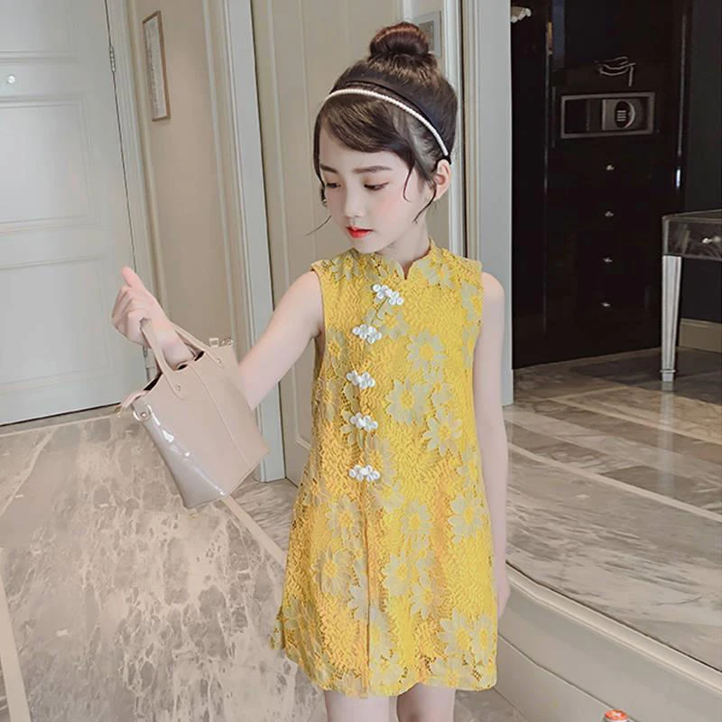 

Платье Чонсам на пуговицах для маленьких девочек, лето 2022, детское винтажное кружевное платье ханьфу с цветами, вечерняя одежда для вечерин...