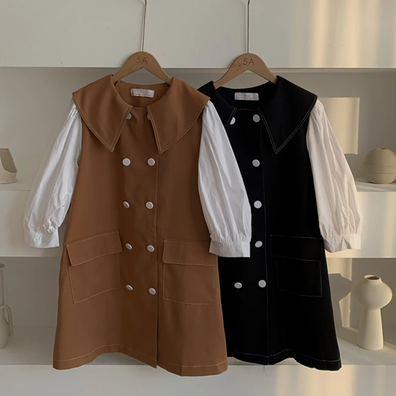 

Sister Fara Spring 2021 New O-Neck Double Breasted Woman Dress Loose Patchwork Big Pocket Puff Sleeve Office Lady Solid Dresses