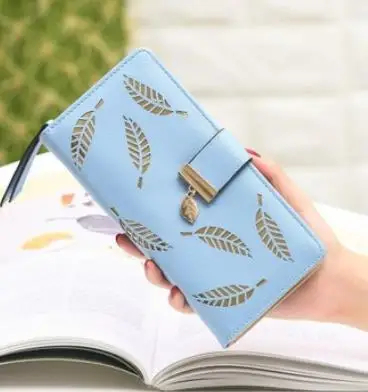 sky blue Женский Длинный кошелек, Женский кошелек, открытая сумка с рельефом из листьев для женщин, кошелек для монет, держатель для карт, студенческий кошелек, сумка для мобильного телефона Carteira - Цвет: sky blue