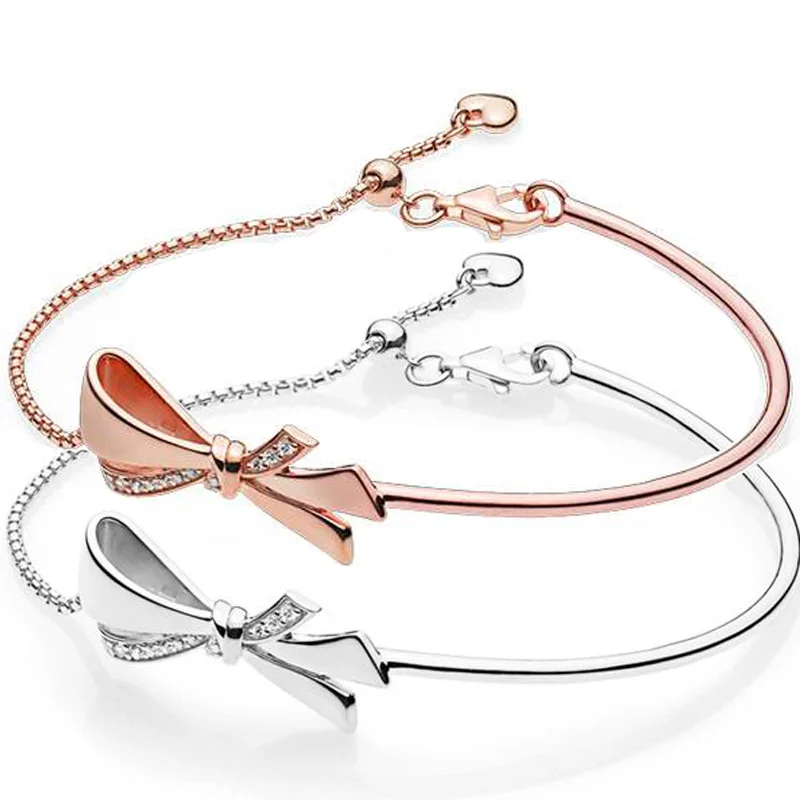 

New 925 Sterling Silver Brilliant Bow With Crystal Ball Clasp Adjust Bangle For Popular Original Bracelet Bead Charm DIY Jewelry