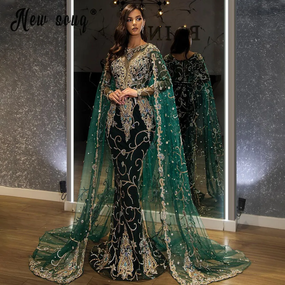 

Luxury Dubai Mermaid Evening Dress with Tulle Long Cape Sleeve Arabic Crystals Beaded Formal Prom Party Gowns Large Size Custom