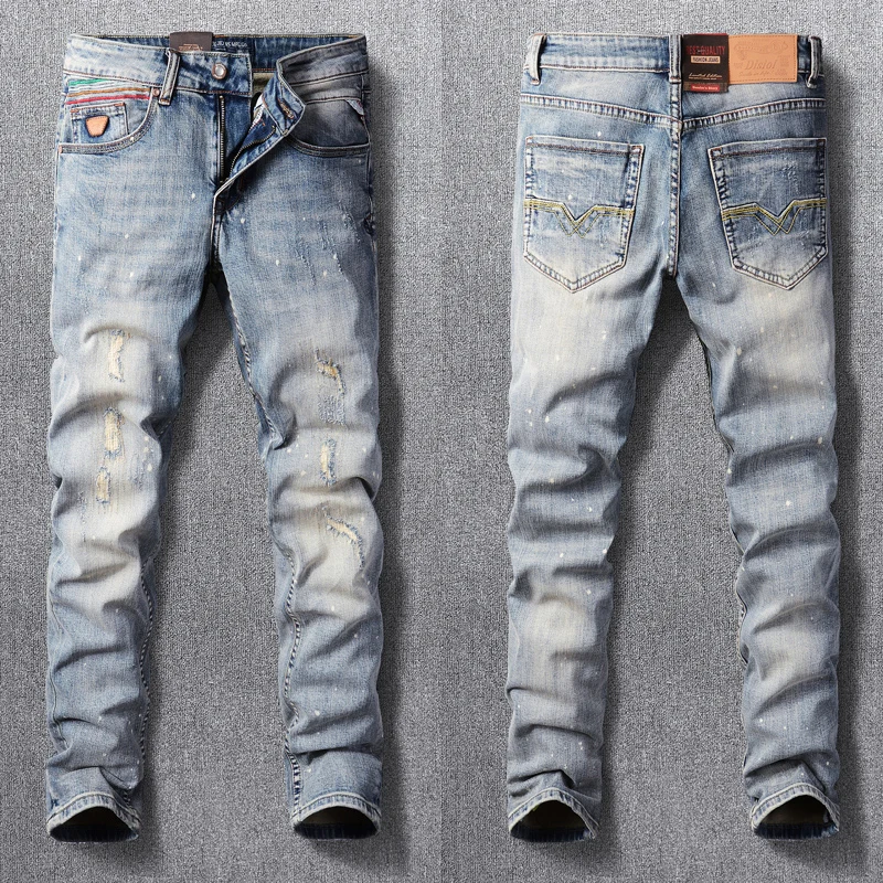 

Модные мужские джинсы в уличном стиле ретро светло-серые синие эластичные облегающие рваные джинсы мужские разбитые разбрызгивающие дизай...