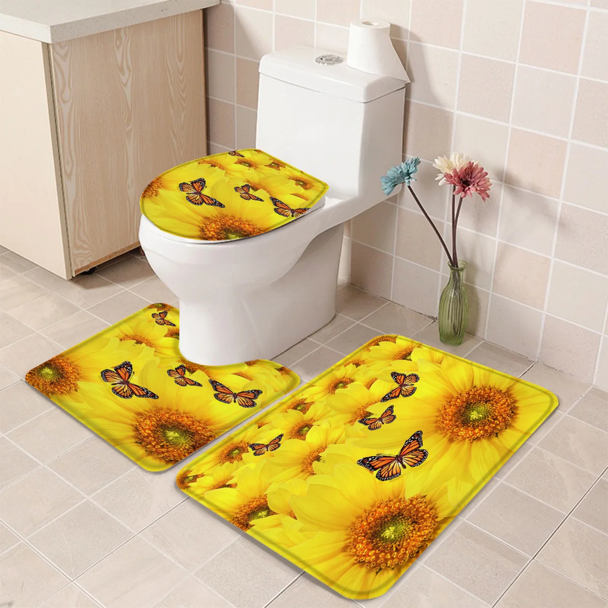 Подсолнечник желтый бабочка цветок поле ванна коврик для унитаза на подставке