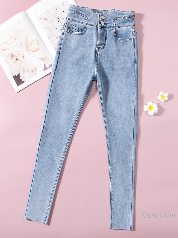 

Light Blue Jeans for Women 2021 Spring New Slimming High Waist Stretch Skinny Pencil Pants Ladies Clothes