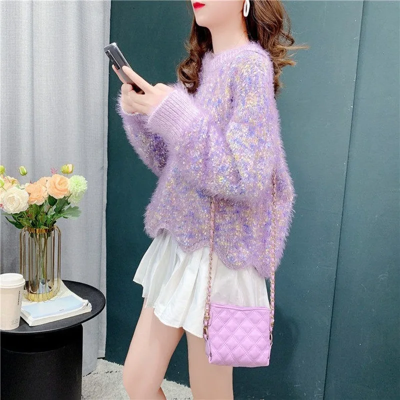 

Lazy style loose pullover ladies sweater women's outer wear 2021 autumn and winter new furry short knit sweater top woman sweate