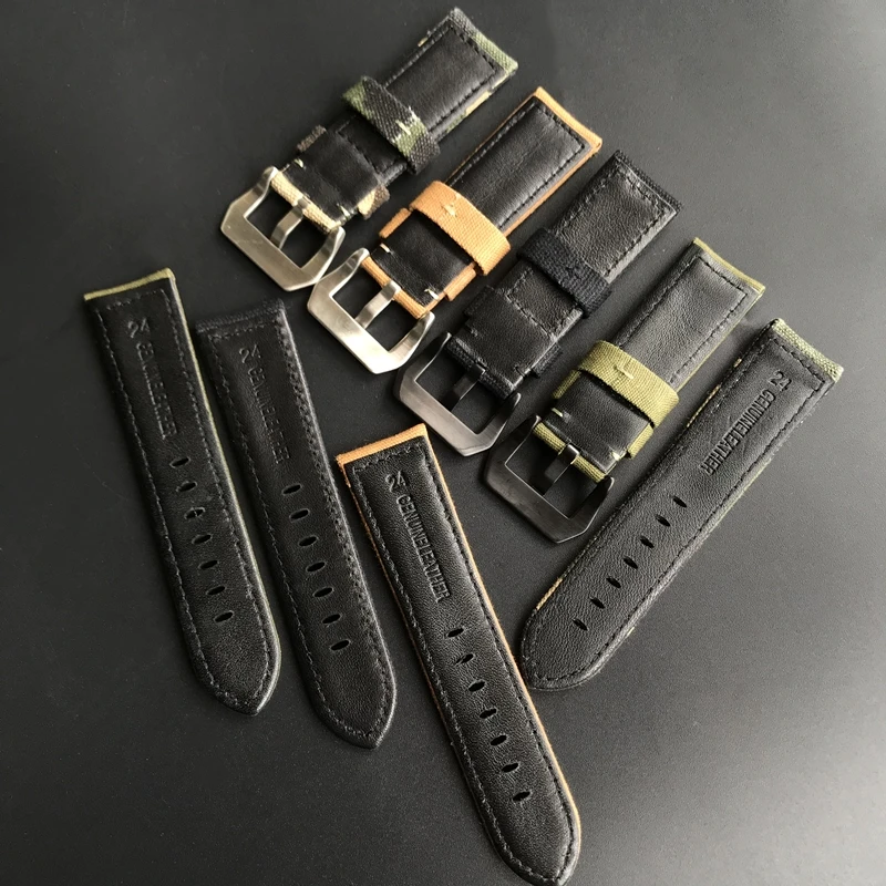 24mm Black Brown Army Green Camo Canvas Nylon Bottom Leather Watch Strap Replacement For Panerai Breitling Pilot Watchband Belt