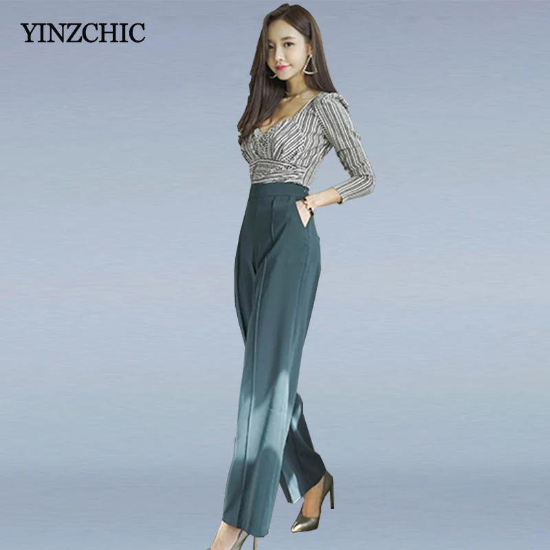 

New Spring Woman 2pcs Suits Slim Striped Blouse + Loose Pants Set Suit for Office Lady Female Work Casual Sets