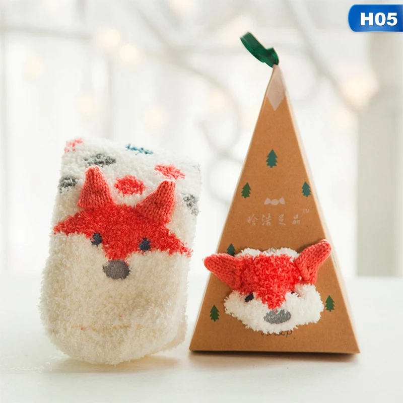Милые Рождественские Носки с рисунком оленя в виде животных, подарок, объемные пушистые коралловые бархатные толстые теплые зимние носки для женщин, подарок на год, носки с коробкой