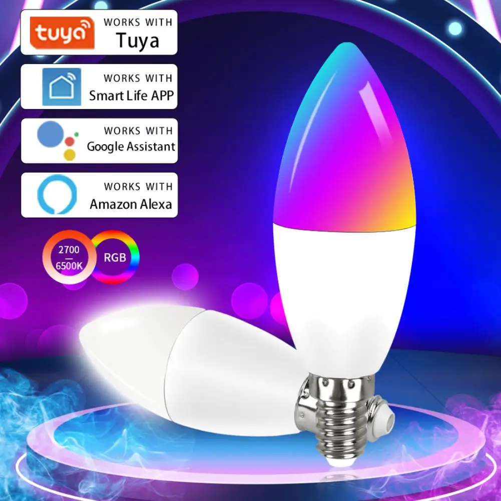 

Tuya Smart WiFi LED Bulb E14 RGB+CW+WW Dimmable Light Bulb 9W 7W 5W Candle Bulb Work With Alexa Echo Google Home Assistant