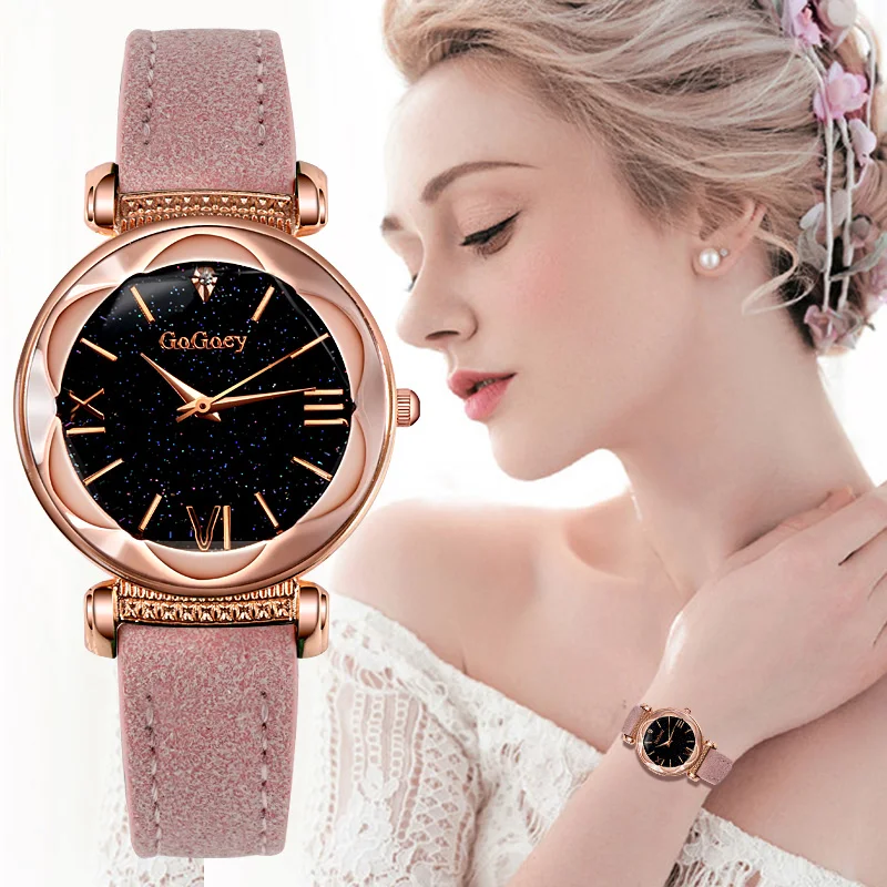 

Luxury Personality Female Watch Romantic Starry Sky Watch Leather Strap Female Crystal Starry Sky Watch Petal Plum Blossom Dial