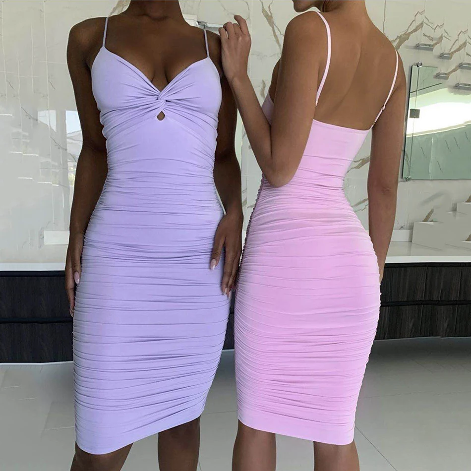 

2020 Summer New Women'S Sexy V-Neck Spaghetti Strap Draped Midi Dress Purple Pink Bodycon Club Party Dress Vestidos