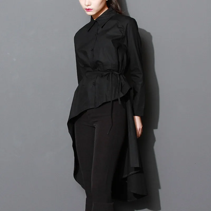 LANMREM длинный рукав с отворотом сплошной цвет неровное на завязках плиссированное