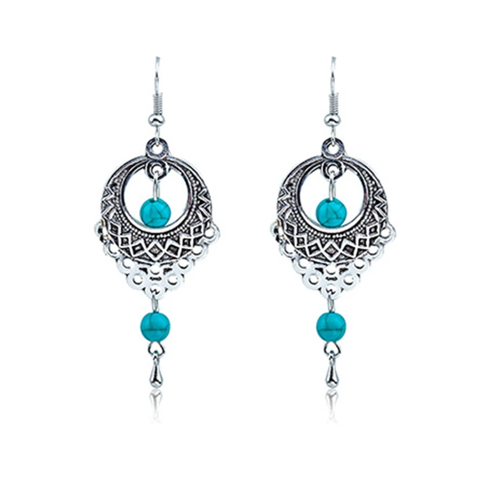 

Retro Round Engraving Pattern Turquoises Natural Stone Pendants Earring Long Earring Woman Jewelry Gift Classical Ornaments