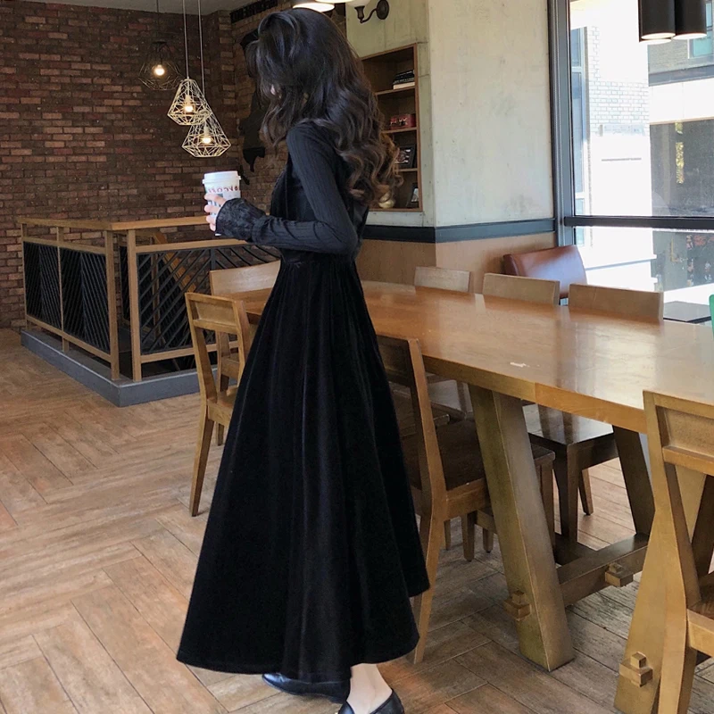 Осенне-зимнее черное платье в стиле Хепберн Женский комплект из двух частей Yujie