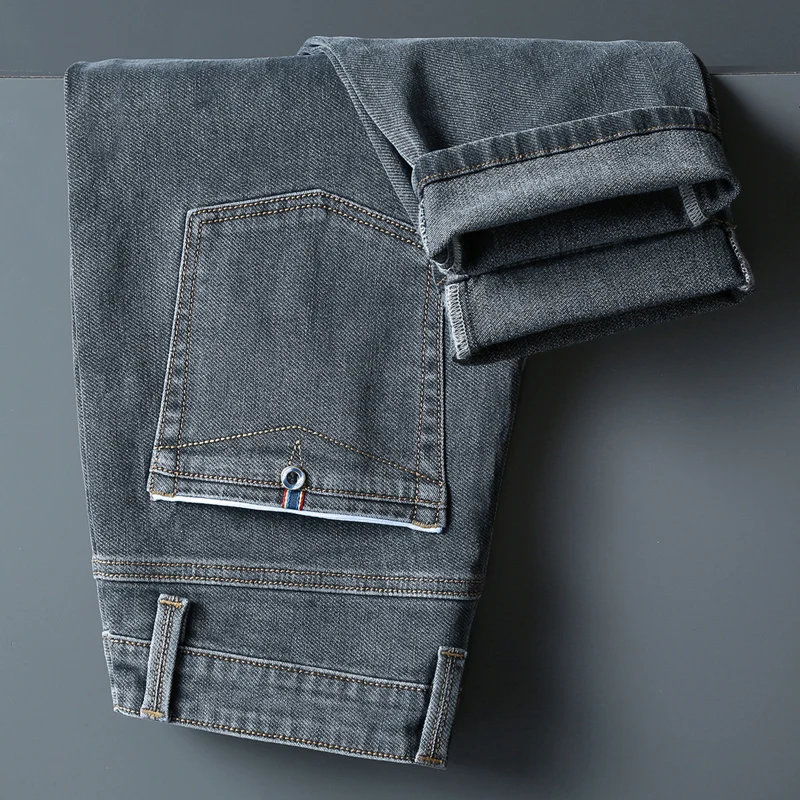 

Jeans for Men Slim Straight Casual Spring Autumn New Stretch Trend Diagonal Pocket Gray Denim Trousers Male Brand Clothing