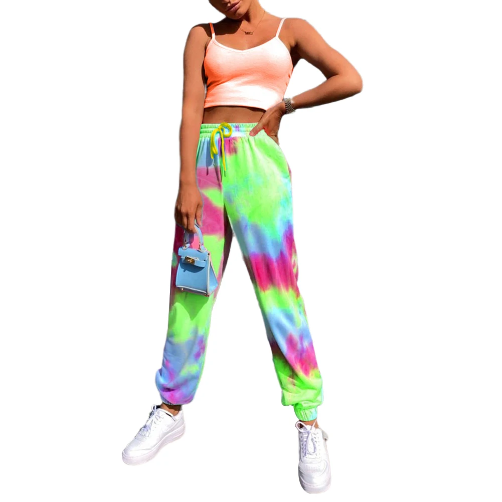 

Women High Elastic Waist Trousers Pants Fashion Drawstring Tie-dye Pocket Pants Ladies Multi-color Casual Style Streetwear