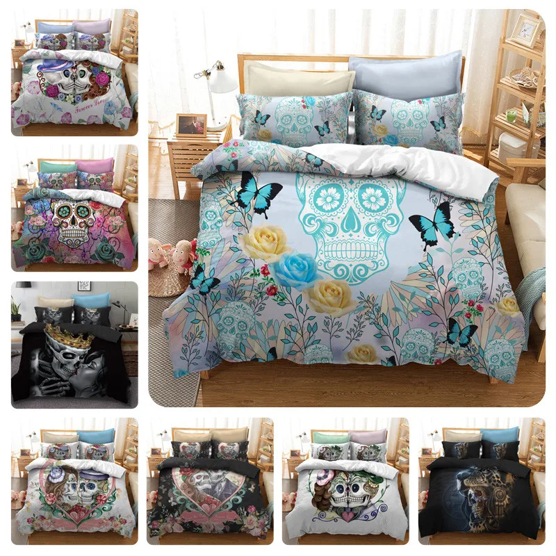 

3D Skull Bedding Set Multicolor Flower Set Skull Duvet Cover with Pillowcase Full Size Bedding Set Home Textiles