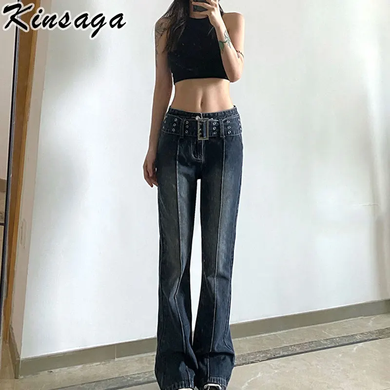 

Vintage Gray Low Rise Striped Flare Jeans Wrap Belt Retro Denim Pants Mall Goth Indie Patchwork Jean Women Y2k Wide Leg Trousers