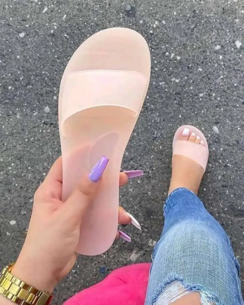 

Transparent Jelly Shoes Women Flat Heel Slippers Summer Slided 2021 New Female Fashion Beach Slippers Candy Color Neno Slided