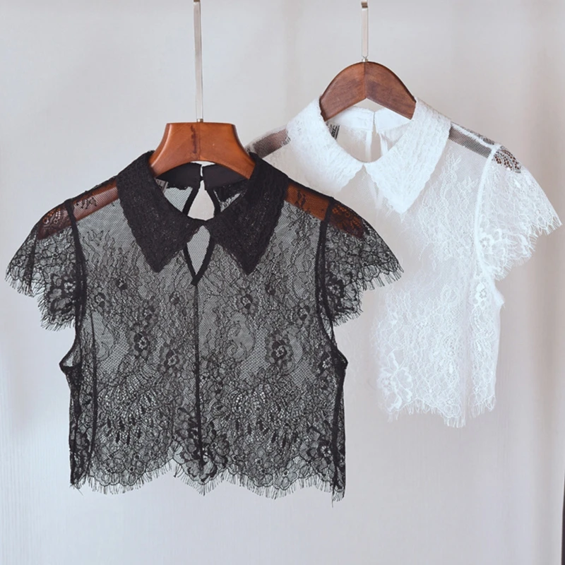 

Women Eyelash Trimmed Floral Lace False Fake Collar Cap Sleeves See-Through Lapel Detachable Half Shirt Blouse Solid Color Deco
