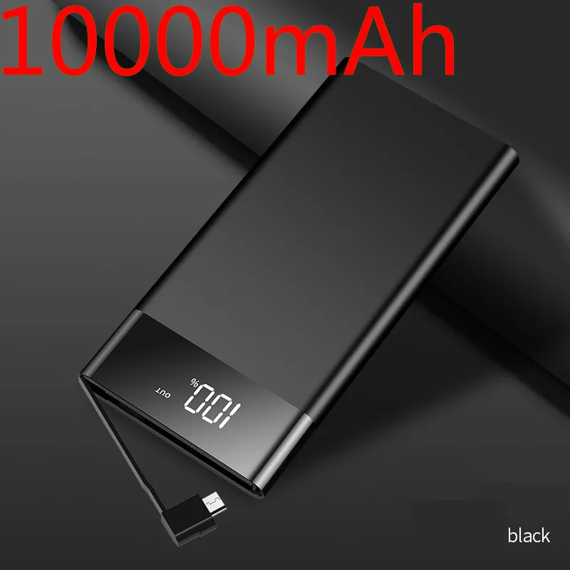 10000 мАч Внешний аккумулятор 2.1A с кабелем внешний аккумулятор для Samsung usb type C с зарядным кабелем внешний аккумулятор - Цвет: Black-10000mAh