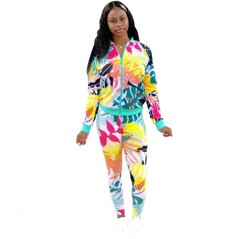 

Fashion Leaves Print 2 Piece Set Tracksuit For Women Long Sleeve Front Zipper Jackets And Sporty Jogger Pant Sets Casual Outfits