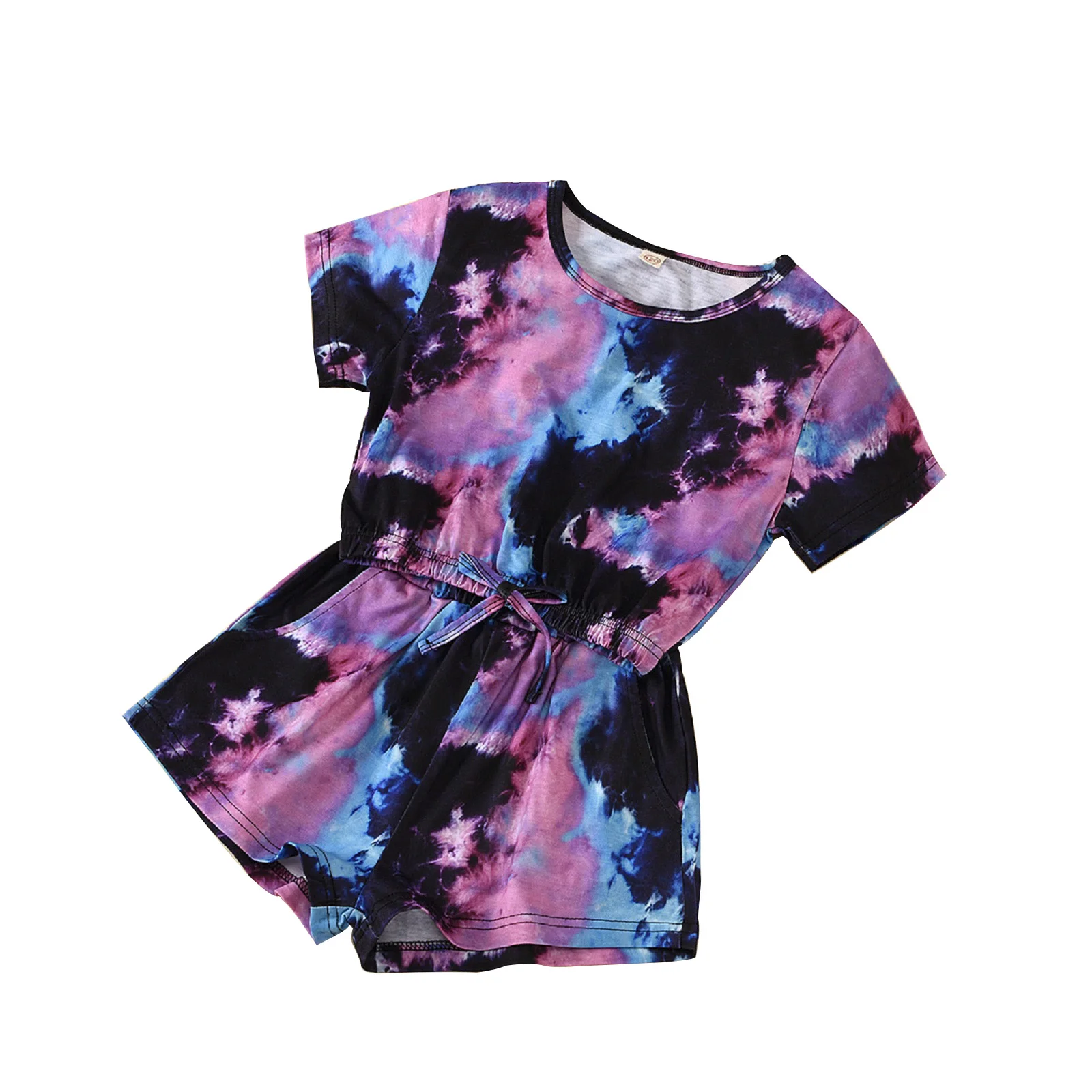 

Комплект из 2 предметов, пуловер с коротким рукавом и круглым вырезом и шорты, Летний фиолетовый мягкий и удобный костюм с принтом тай-дай