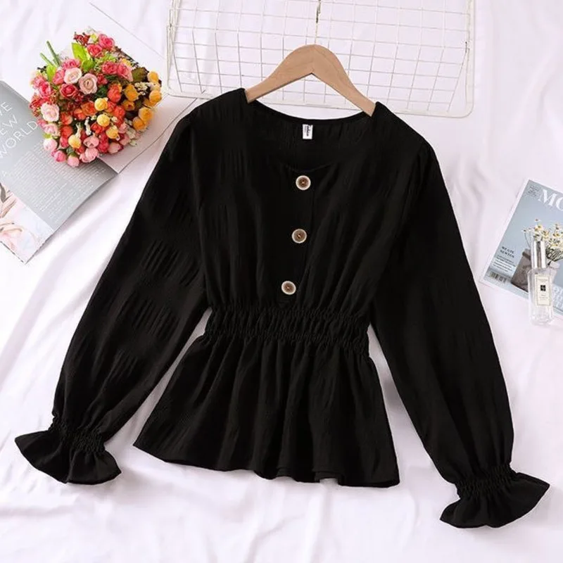 

2021 Summer New Women's Chiffon Casual Blouse Harajuku Shirt Long Sleeve Ruffle Shirt Korean Feminina Button Up Tops Slim Shirt