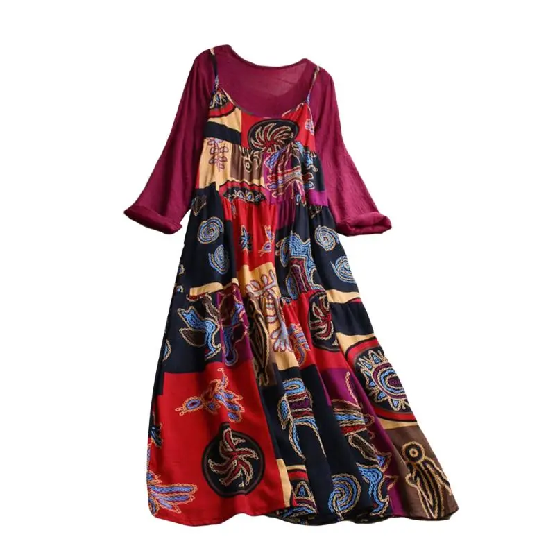

Women Two-piece Cotton Linen Dress Retro Floral BOHO Maxi Dress Strappy Sundress Plus Size M-5XL BX0A
