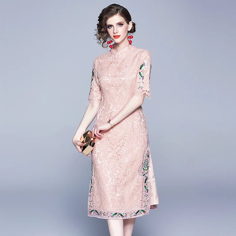 Новинка лета 2019 облегающее кружевное платье с воротником стойкой и