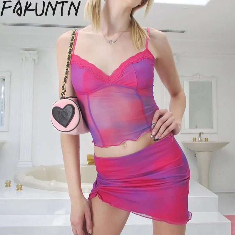 

Y2K Women's Summer Skirt Suit Two Piece Set Women Outfit 2021 New Sling Crop Tops High-waisted Mini Skirts Suits Cyber Y2K Suit