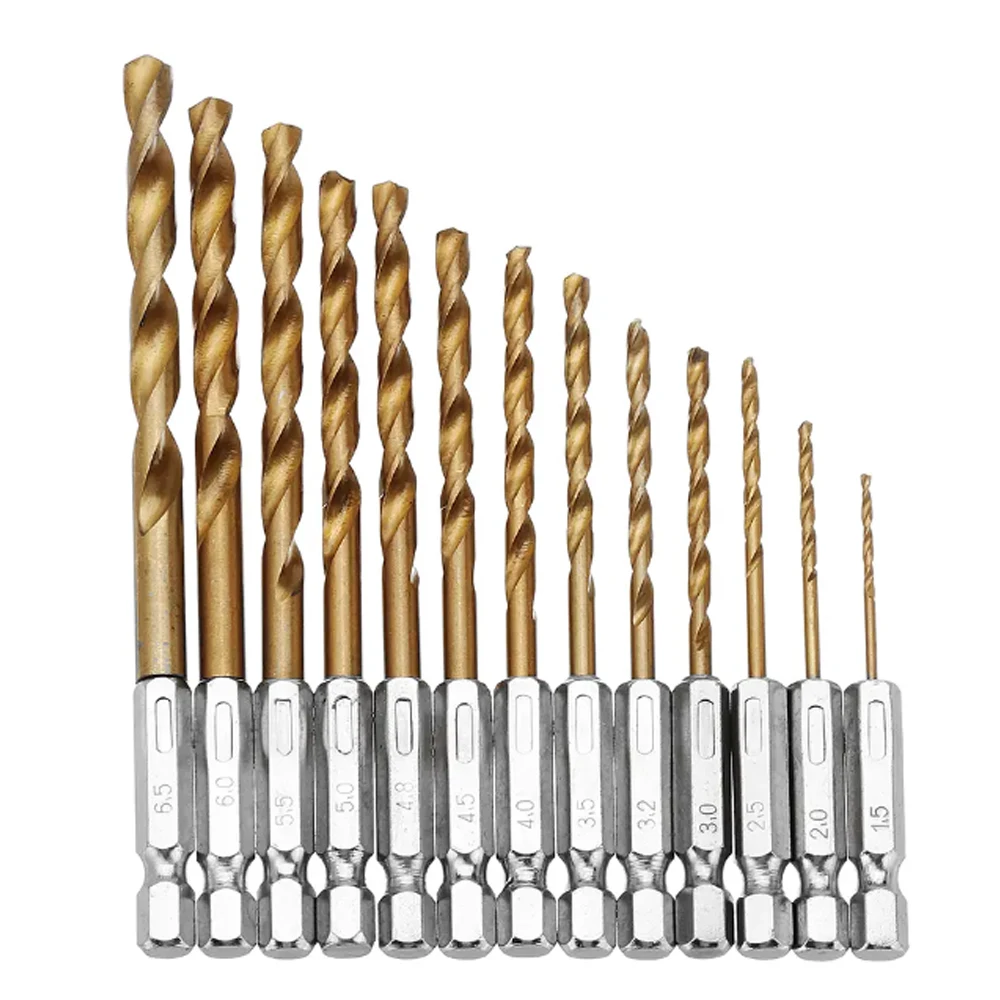 

13pcs/set HSS Titanium Coated Drill Bits High Speed Steel Drill Bit Set 1/4 Hex Shank Power Drilling Tool For Wood 1.5-6.5mm
