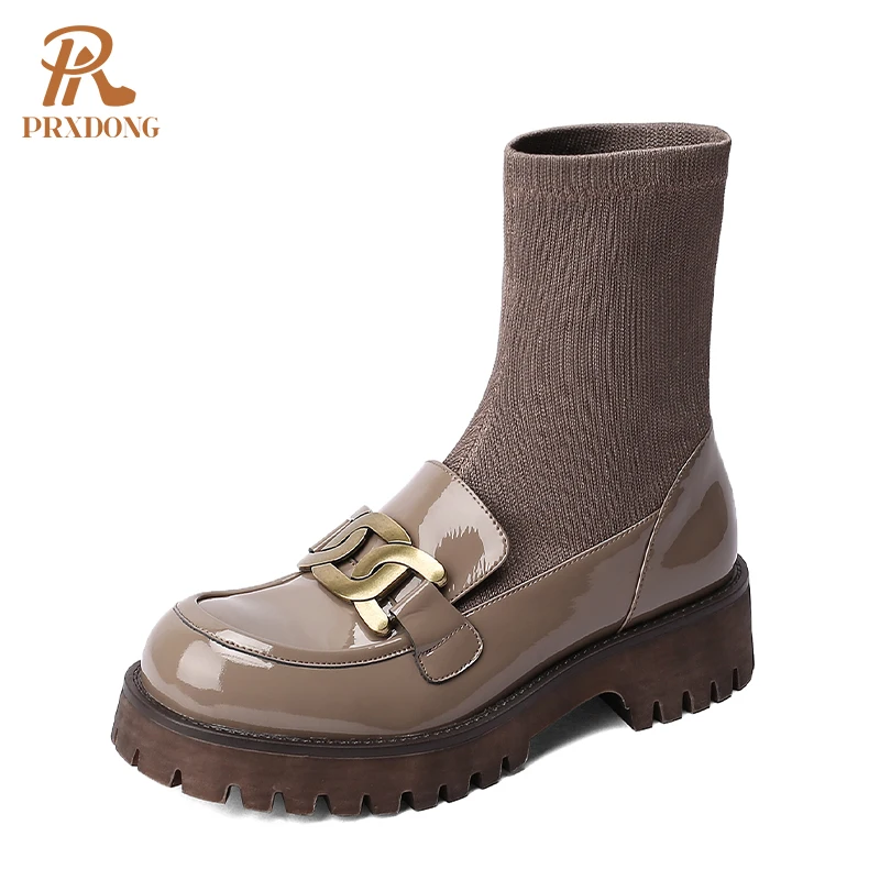 

2021 New Sock Boots Women Ankle Boots Chunky Heels Platform Female Shoes Autumn Winter Genuine Leather College School Classic 40