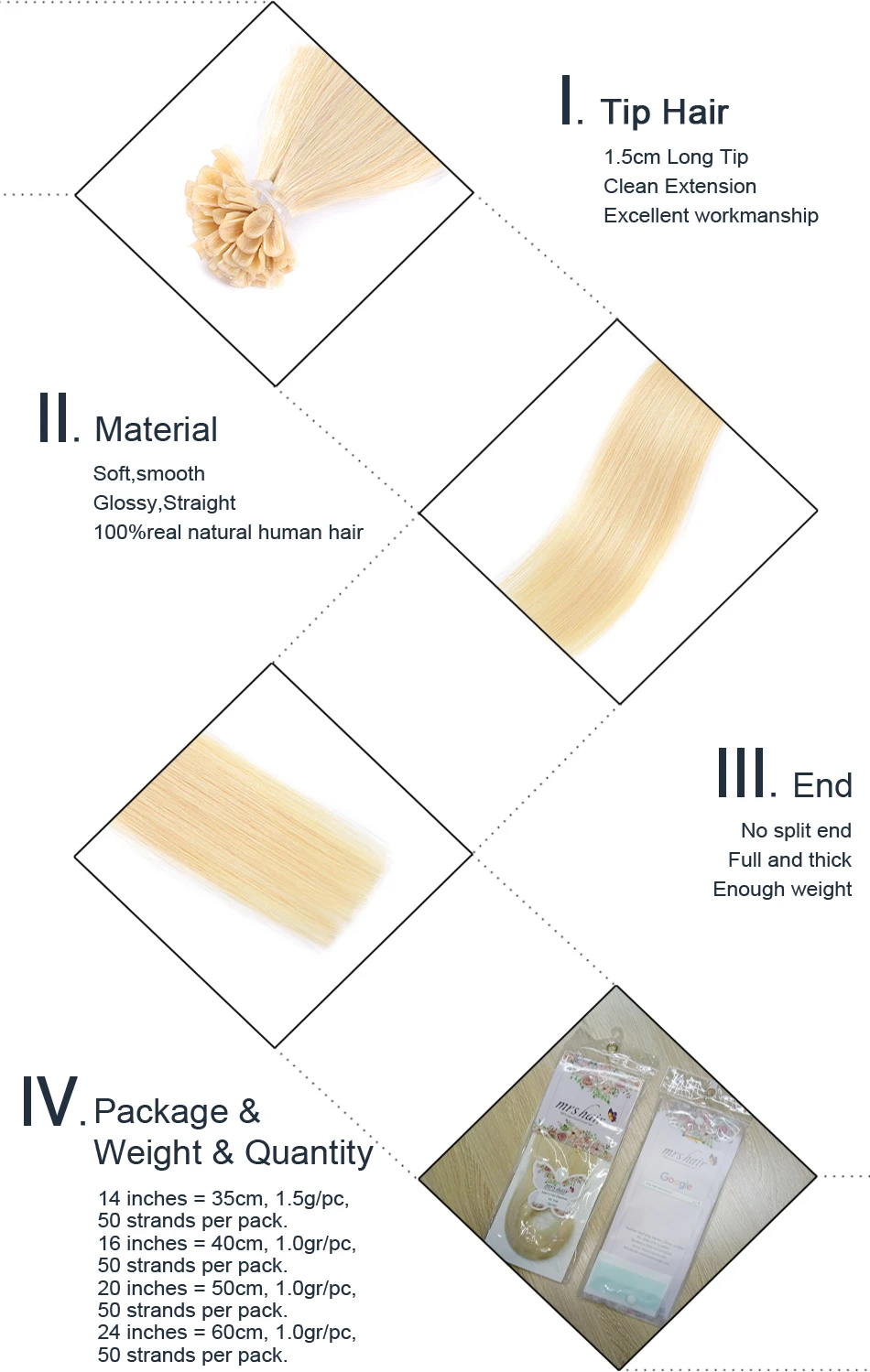 MRS HAIR, 1 г/шт., 14 дюймов, 16 дюймов, 20 дюймов, 24 дюйма, накладные волосы, прямые волосы Remy Nail, кератиновые человеческие волосы, 50 шт