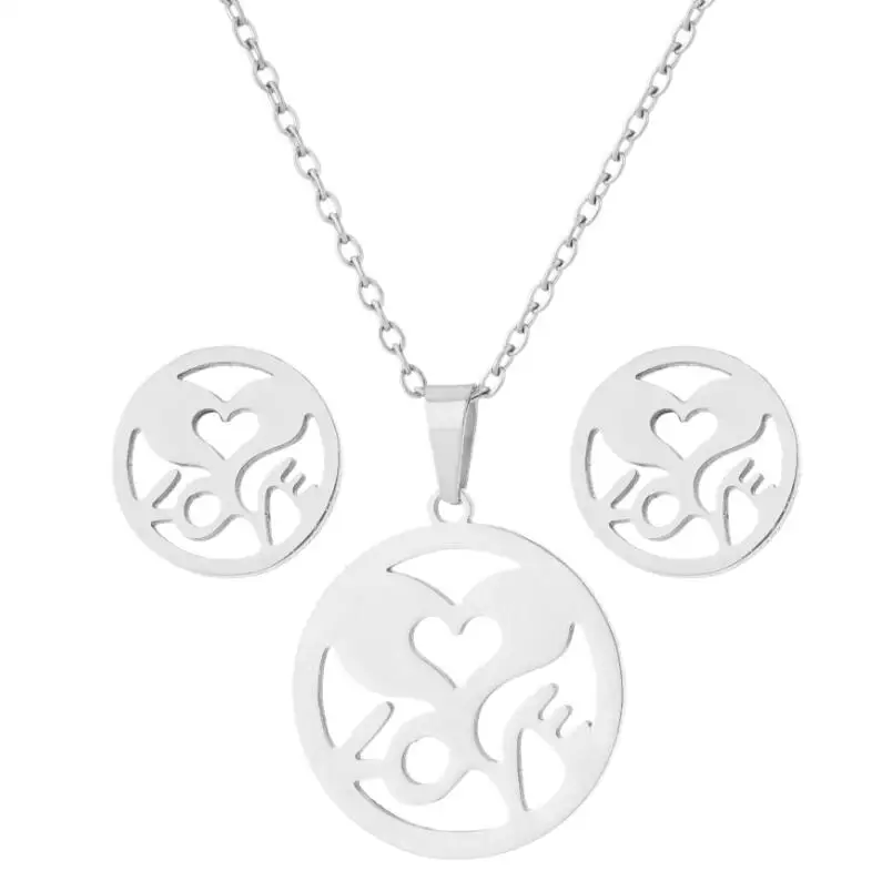 

Classic Heart Letter LOVE Heartbeat Round Shape Stainless Steel Pendant Necklace Earrings Sets For Women Men Unisex Jewelry Sets