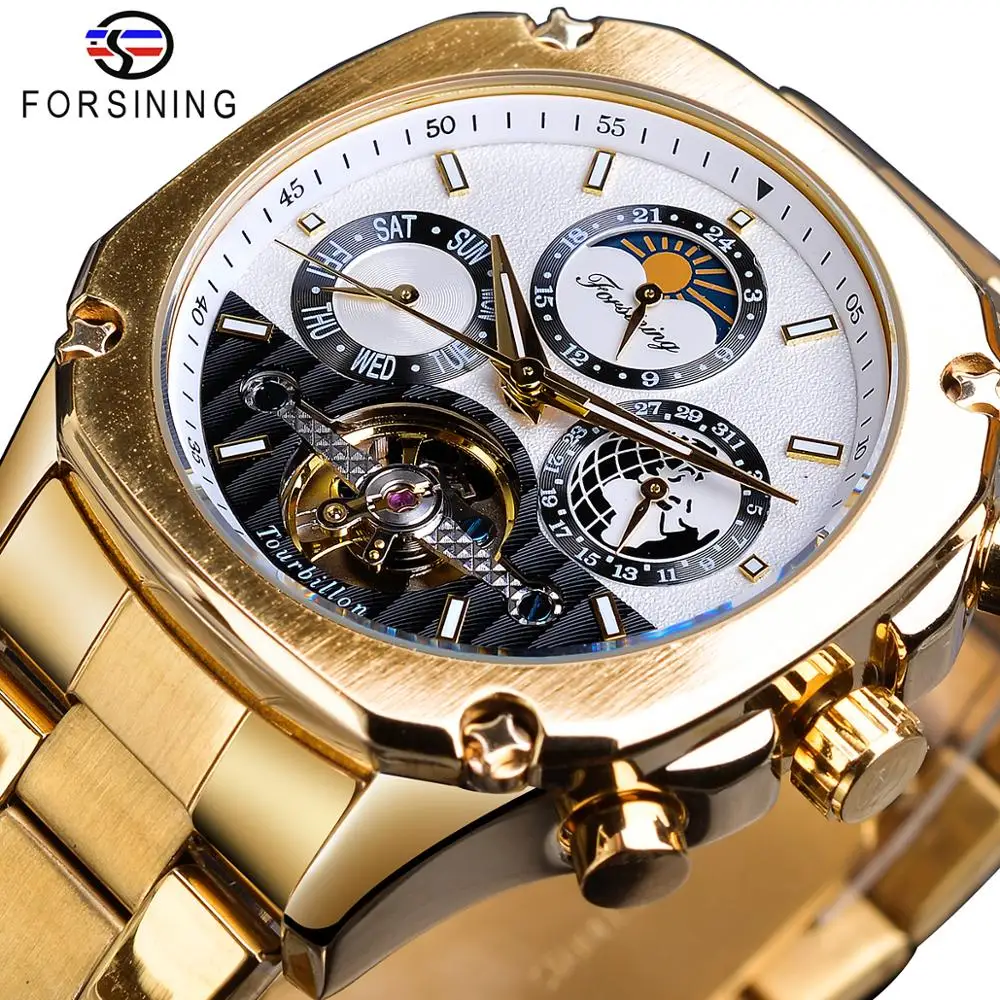

Forsining Tourbillon Moon Phase Mechanical Watch Mens Steampunk Luxury Gear Self Winding Golden Steel Automatic Clock Wristwatch