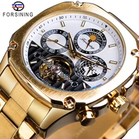 forsining tourbillon moon phase mechanical watch mens steampunk luxury gear self winding golden steel automatic clock wristwatch