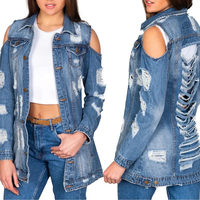 

S-XXL Jacket for Women Off Shoulder Long Sleeve Classic Distressed Fray Hem Jean Jackets Women Fashion Sexy Jacket