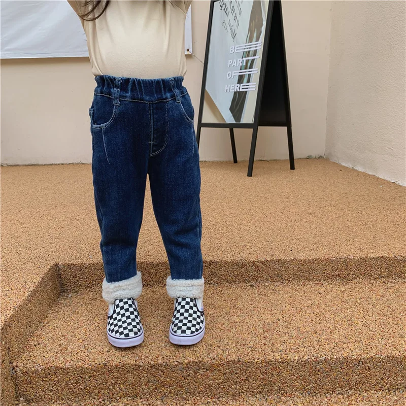 

Children's 2021 winter girls' wool cuffed pants jeans Plush thickened Tights Pants 4-4
