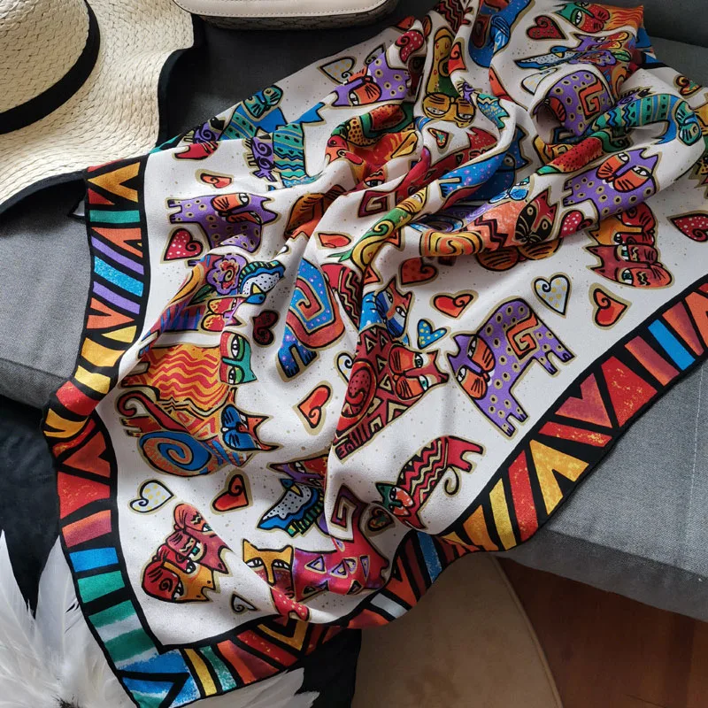 100% шелк тутового шелкопряда квадратные шарфы для женщин с рисунком кота шелковый