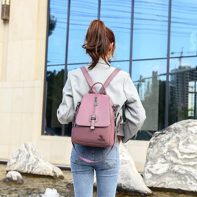 

Fashion Casual Soft Leather Women Travel Backpack High Quality Durable Leather Backpack Zipper Straps Design Women's Backpack
