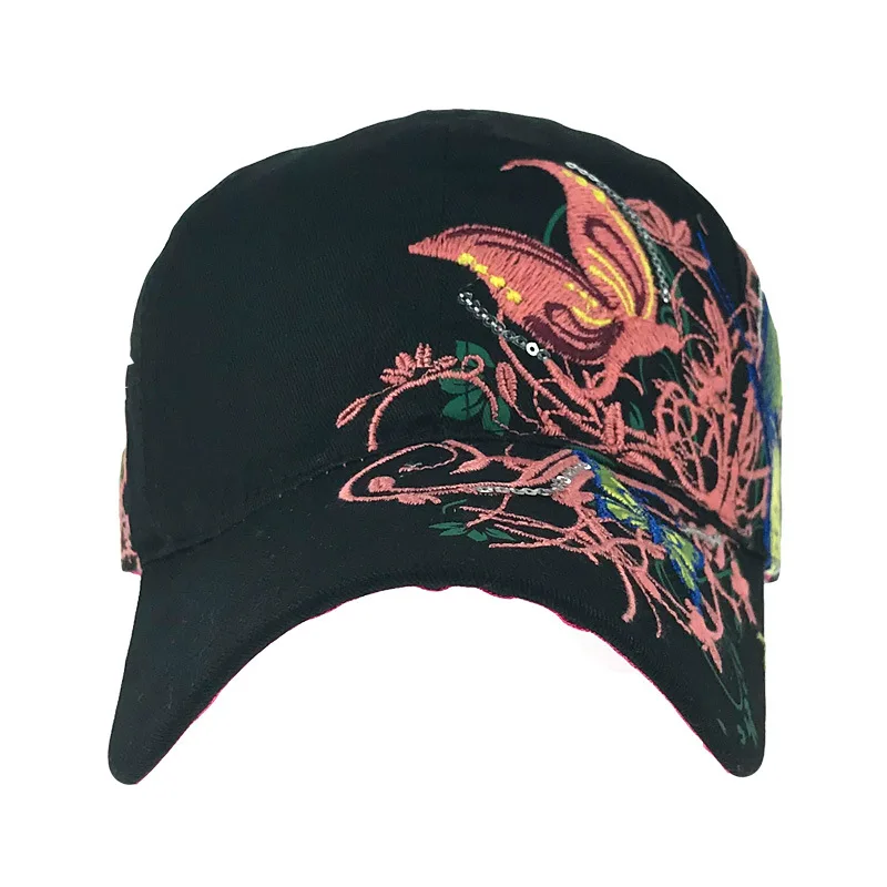 Женская кепка от солнца регулируемая бейсболка с вышитыми цветами и бабочками