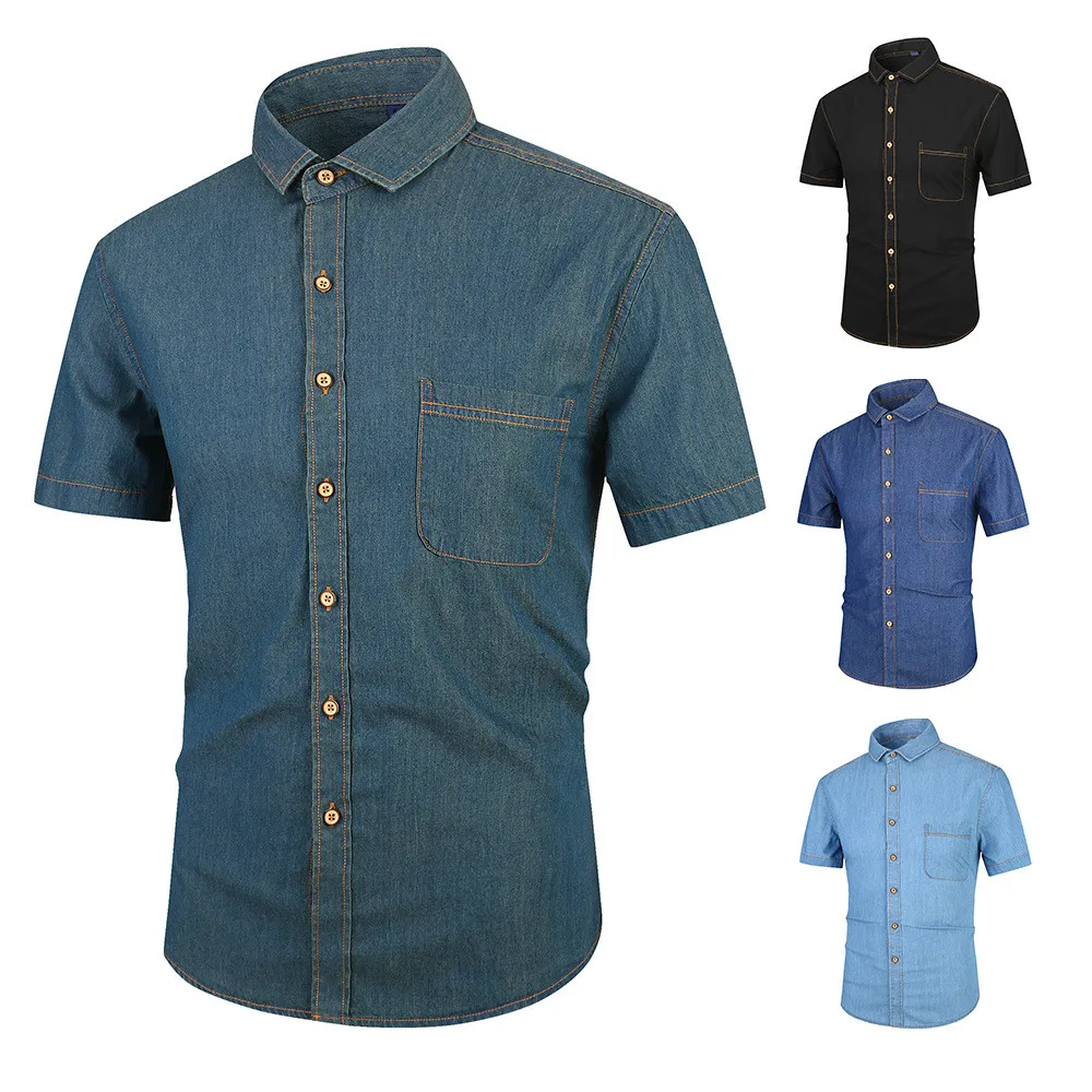 Мужская Летняя хлопковая джинсовая рубашка с короткими рукавами тонкие