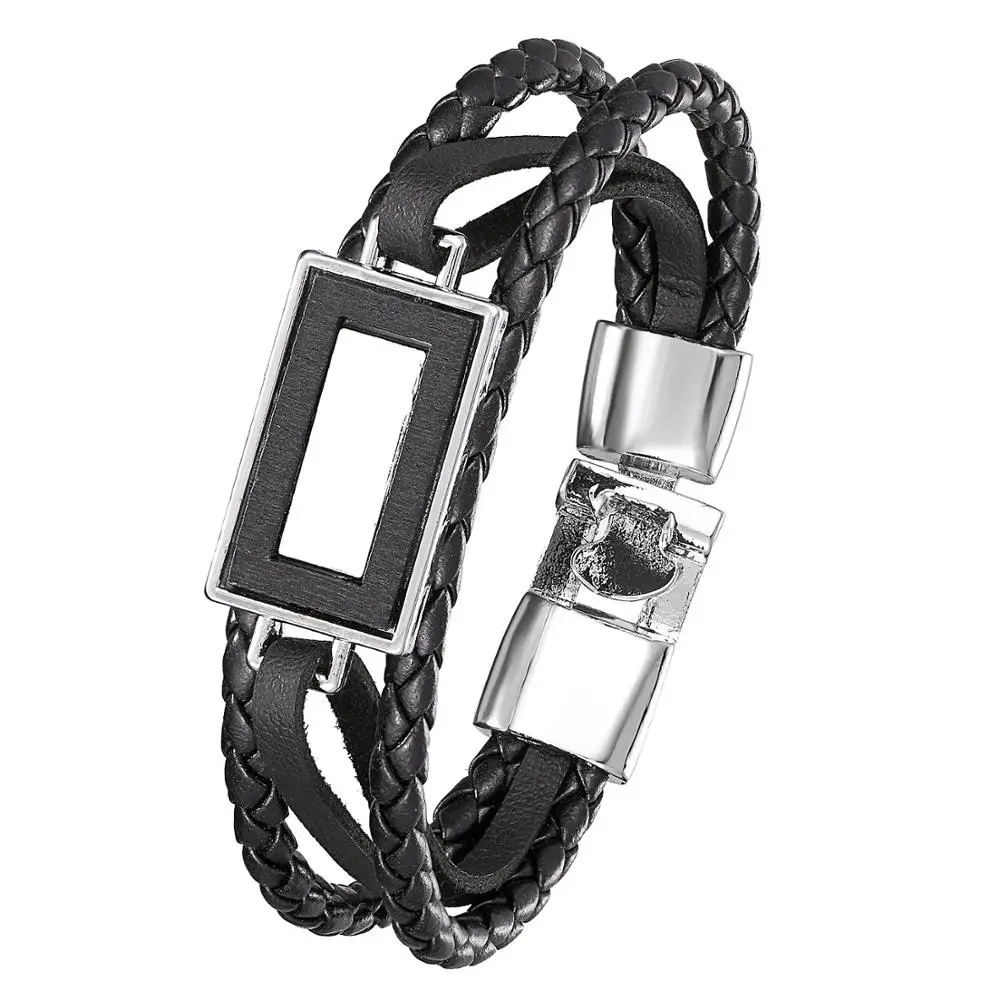 

2020Fashion Vintage Leather Bracelet Men's Wooden Rectangular Multi-layer Warp Knit Bracelet Punk Jewelry Pulseira Masculina